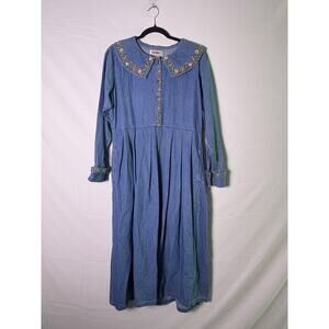 Vintage 90s Fads Blue Denim Maxi Embroidered Floral Dress 1/2 Buttons Women's 12